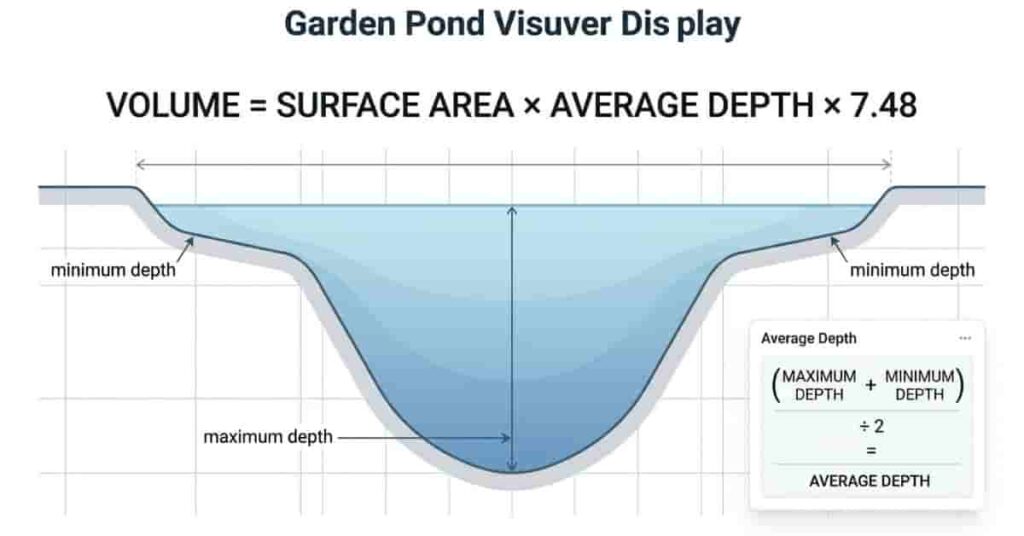 sloped pond cross section showing depth variation and average depth formula for volume calculation