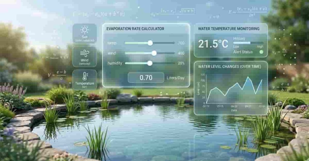 Modern pond water management dashboard showing evaporation rate calculator and temperature tracking system over a natural pond