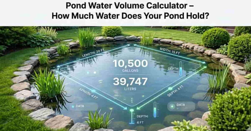 Pond water volume calculator concept showing garden pond with digital measurement overlay and water volume data visualization