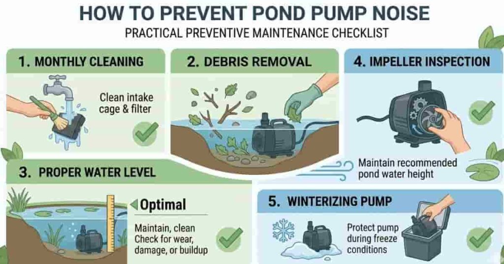 preventive maintenance checklist infographic for keeping pond pump quiet and noise free