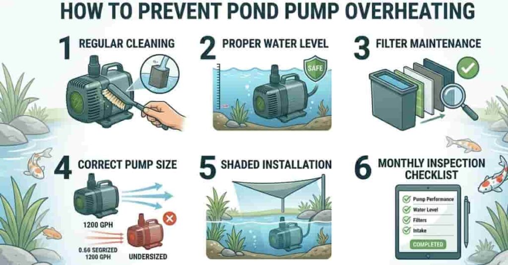 prevention checklist infographic for avoiding pond pump overheating with maintenance tips