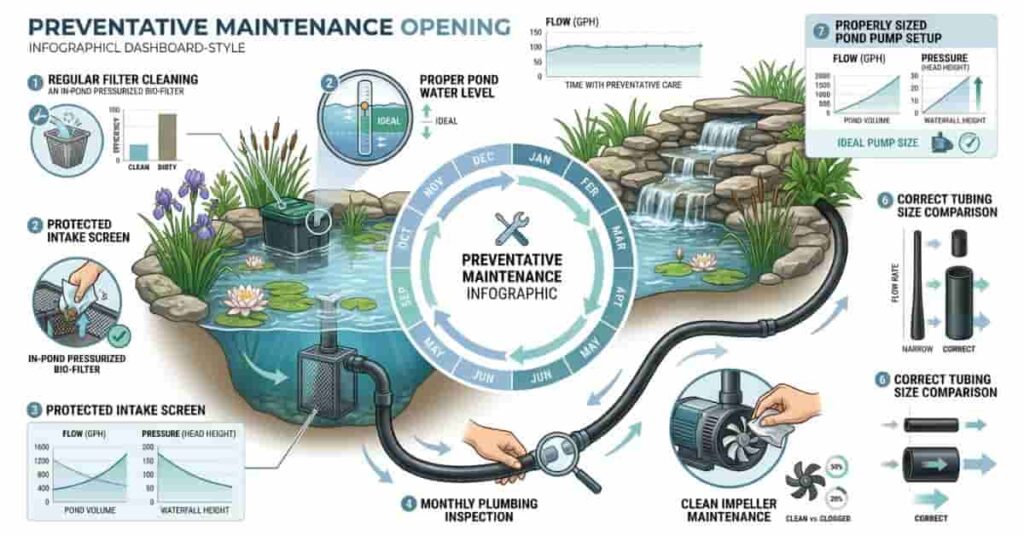 preventing pond pump pressure and water flow problems with regular maintenance
