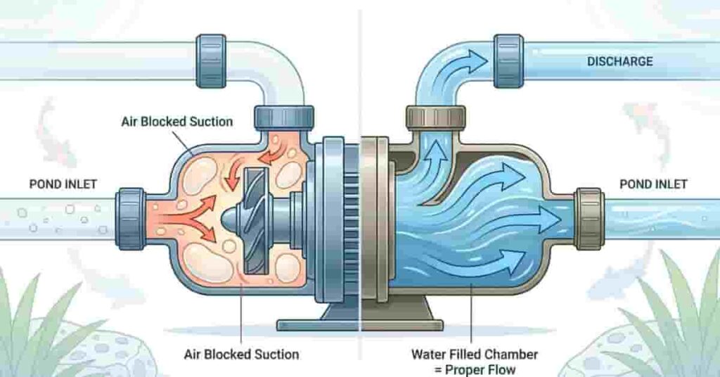 Professional diagram of pond pump system showing priming process with air blockage vs proper water flow in koi pond setup