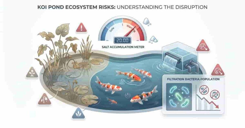 koi pond infographic showing risks of pond salt including plant damage and water imbalance