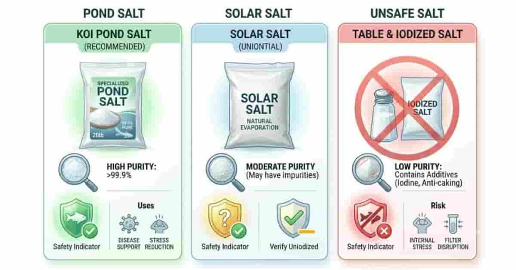 koi pond safe salt types comparison infographic showing pond salt and solar salt options