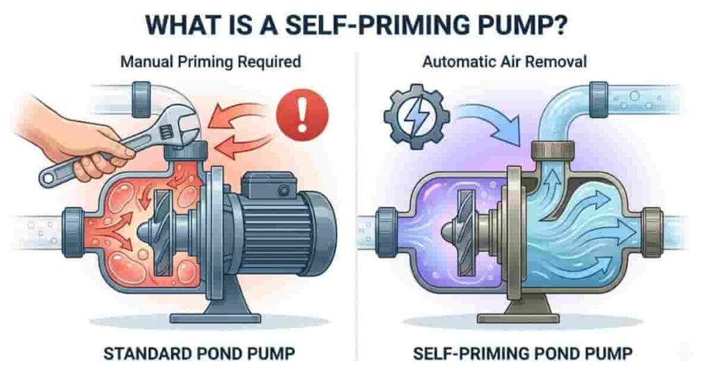 Comparison diagram showing self priming pond pump vs standard pump with automatic air removal