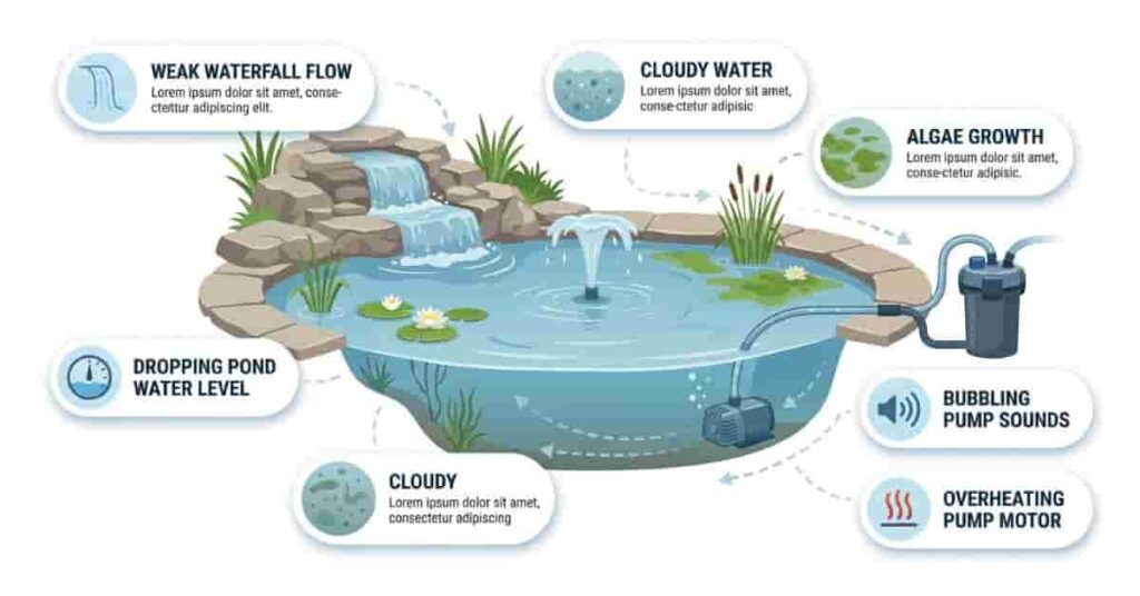 signs of pond pump losing water flow and pressure with weak waterfall and cloudy pond water
