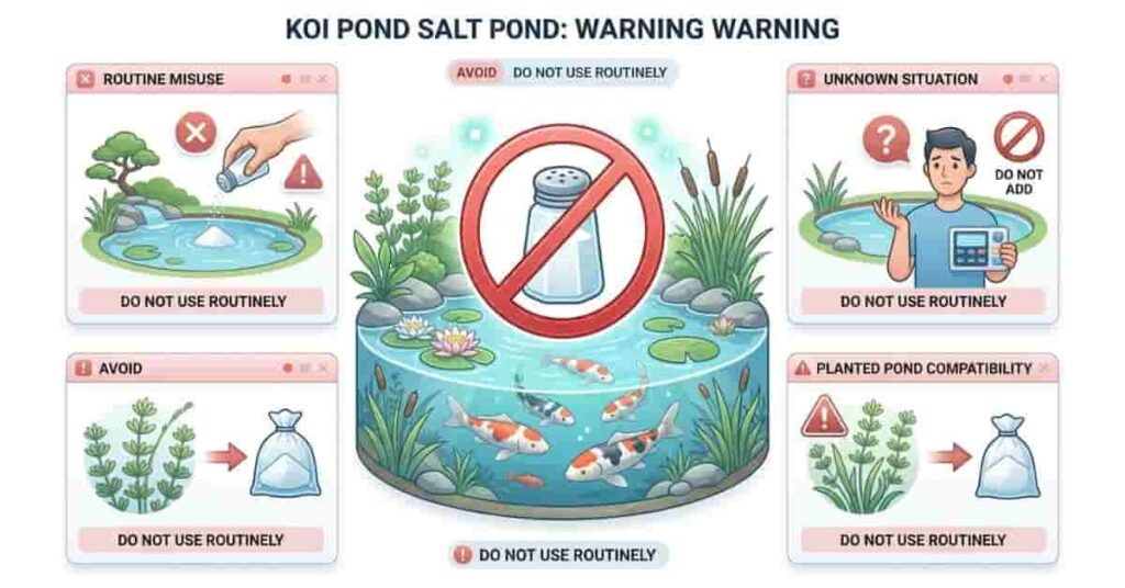 koi pond infographic showing effects of adding too much salt including fish stress and plant damage