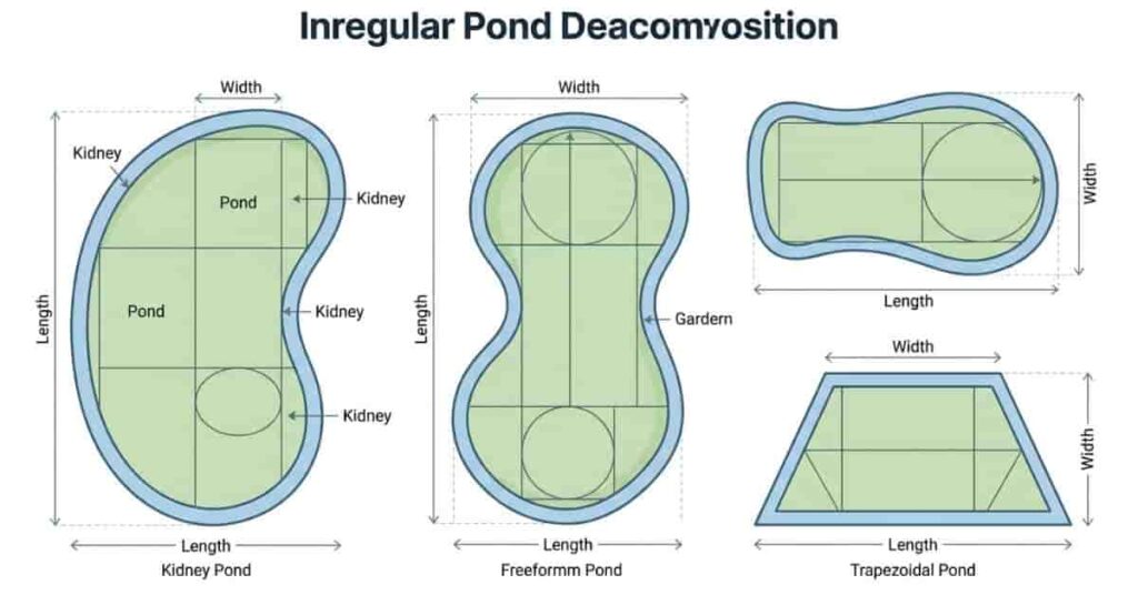 diagram showing irregular pond shapes broken into geometric sections for volume calculation