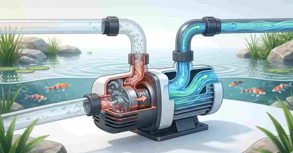 Diagram explaining pond pump priming showing air vs water inside pump chamber for proper suction