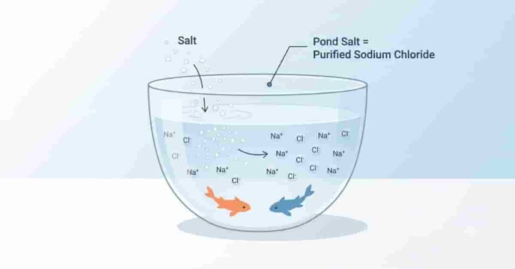 Educational diagram explaining what pond salt is and how sodium chloride dissolves in water to support fish health