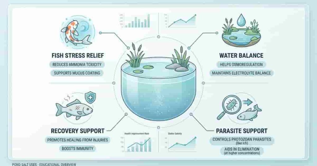 infographic showing pond salt uses for fish stress, water balance, and pond health support