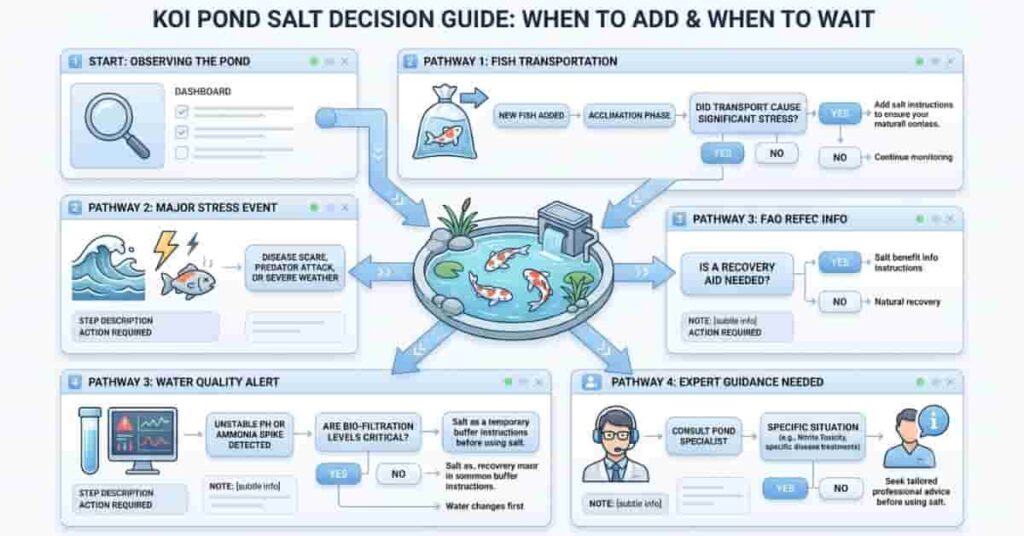 koi pond warning infographic showing situations where salt should not be added