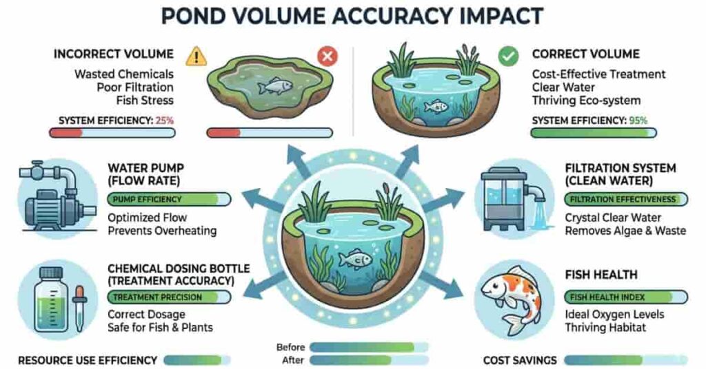 infographic showing importance of accurate pond volume for pump sizing, filtration, fish health, and treatment