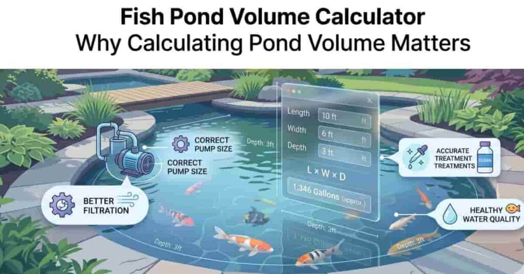 Accurate pond volume calculation infographic showing pond pump, filtration, and water treatment planning for koi ponds