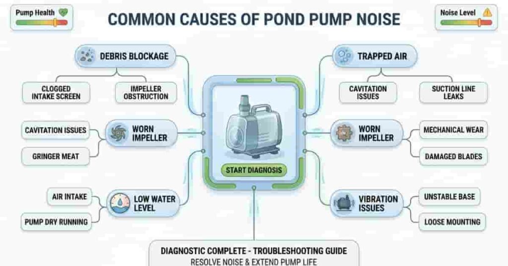 flowchart explaining why pond pump making noise with causes like debris air and impeller damage