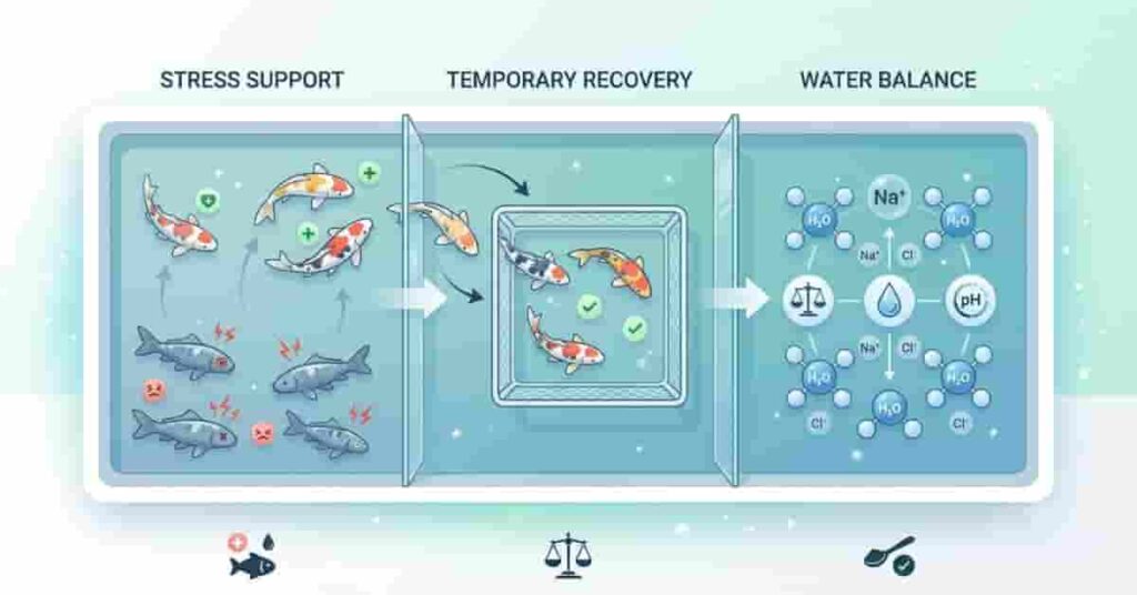 Infographic showing reasons to use pond salt including stress support, recovery, and water balance in fish ponds