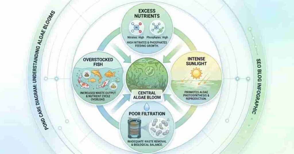 Main causes of pond algae growth including nutrients sunlight filtration and fish overstocking