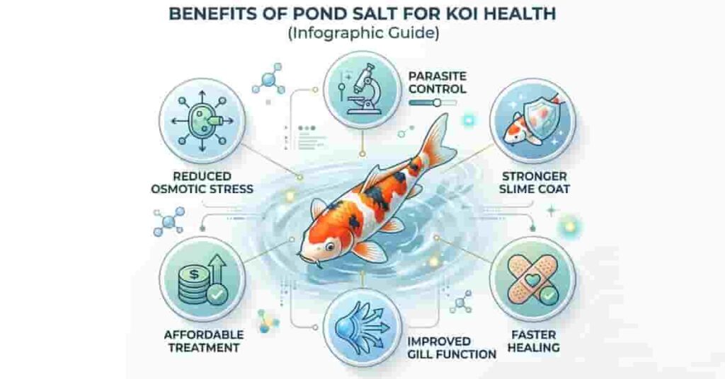 Infographic illustrating the benefits of a salt bath for pond fish including parasite control and stress reduction.