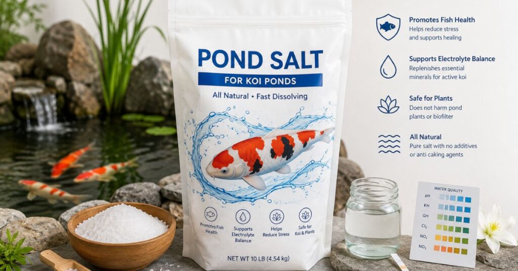 Best pond salt for koi ponds with premium pond salt products, salt granules, and a healthy koi pond