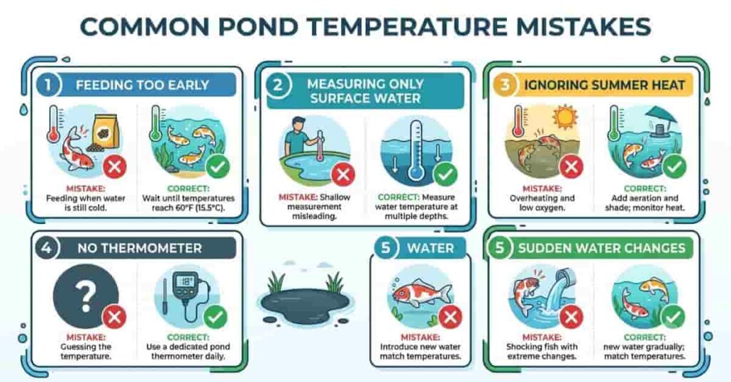 Infographic showing common pond temperature mistakes and the correct ways to manage koi pond water temperature.