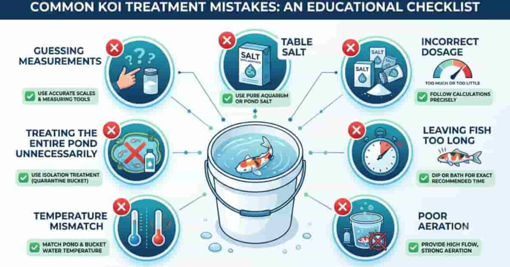 Infographic showing common salt bath mistakes to avoid when treating pond fish.