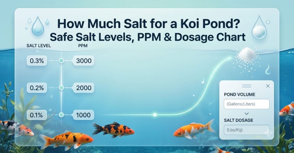 koi pond salt level guide featured image showing koi fish, pond water, and salt dosage calculator infographic for safe fish care