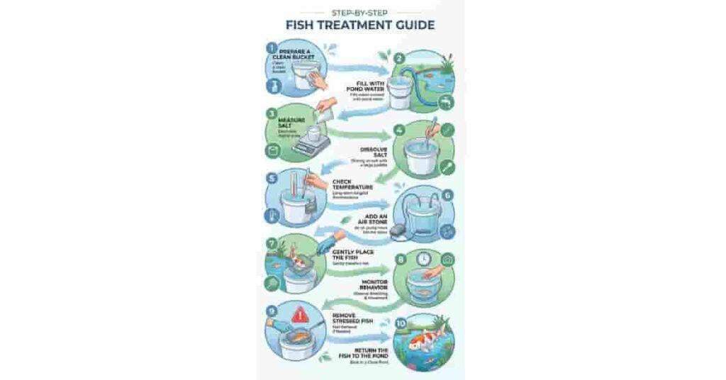 Step-by-step infographic showing how to prepare a safe salt bath for pond fish.