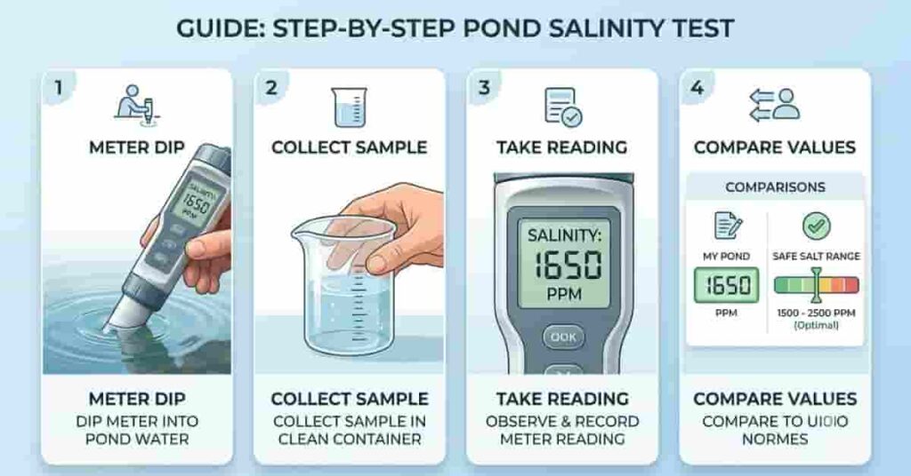Step-by-step guide showing how to test salt level in a pond using salinity meter and water sampling method