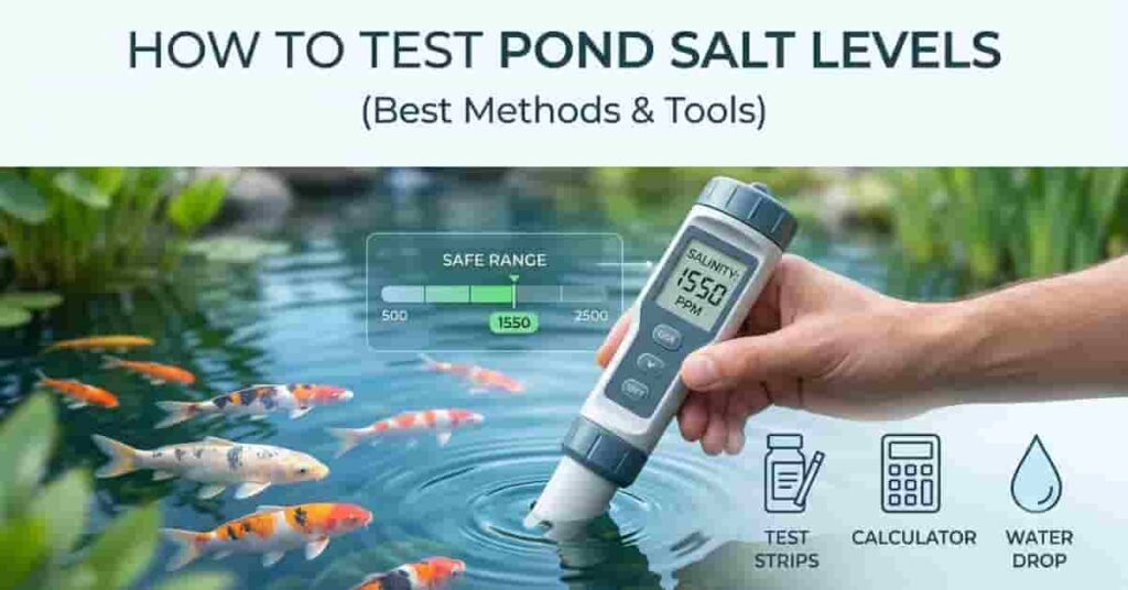 Koi pond with digital salinity meter showing salt level testing for safe water balance and fish health