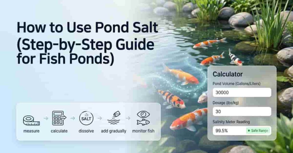 professional koi pond with calculator overlay showing safe pond salt usage step-by-step guide for fish ponds