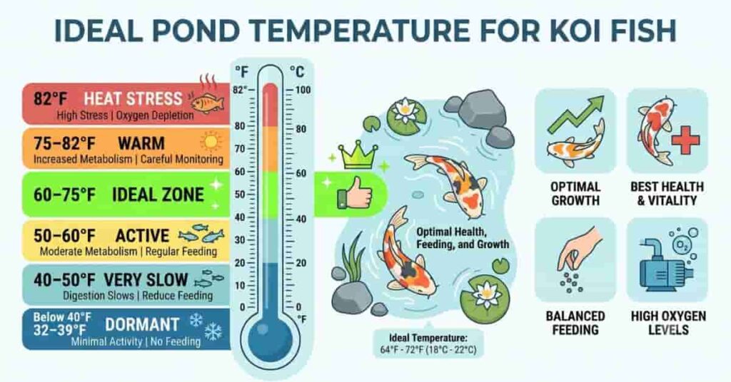 2D infographic showing the ideal pond temperature range for koi fish with a color-coded thermometer and temperature zones.