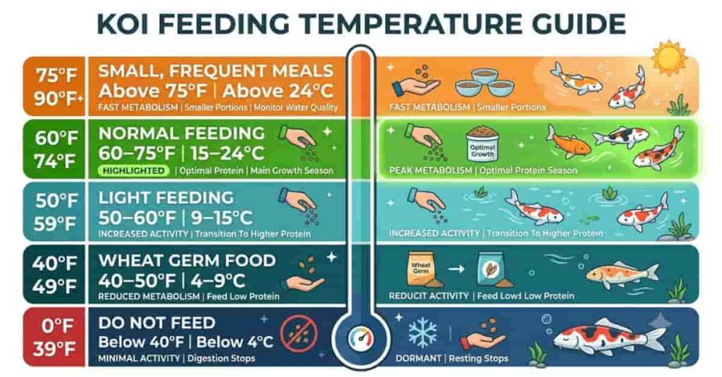 Color-coded koi feeding temperature chart showing recommended feeding at different pond water temperatures.