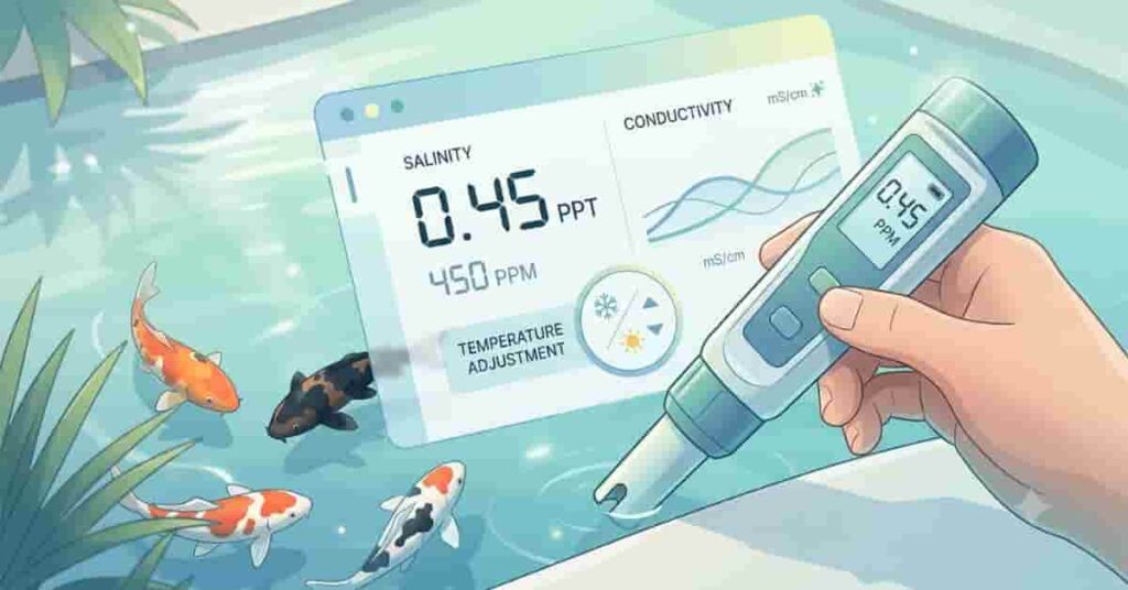Digital koi pond salinity meter measuring water quality with koi fish in background and PPM reading display
