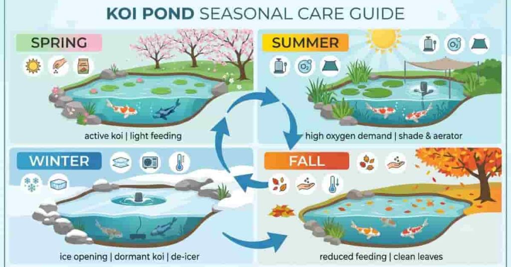 Seasonal infographic showing how pond water temperature affects koi fish during spring, summer, fall, and winter.