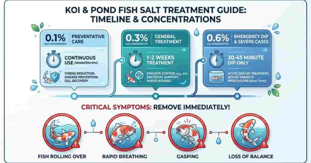 Timeline infographic showing recommended salt bath duration for pond fish based on salt concentration.