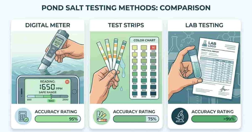 Comparison of pond salinity test methods including digital meter, test strips, and lab testing options