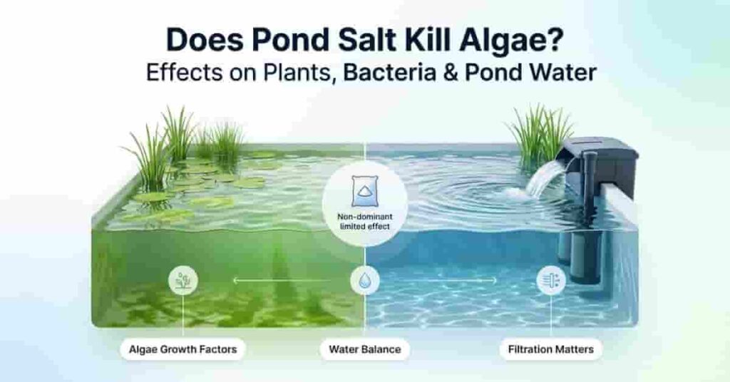 Professional pond ecosystem comparison showing algae growth versus clean filtered water explaining pond salt and algae balance for blog hero section