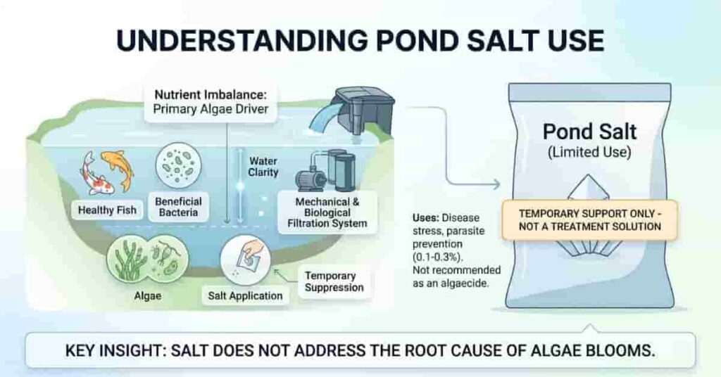 Pond salt as temporary algae treatment showing it is not a long-term solution for pond maintenance