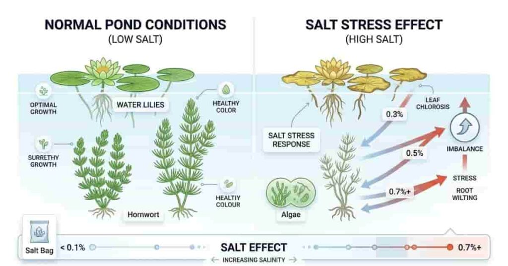 Effects of pond salt on aquatic plants including floating and submerged plant damage risk