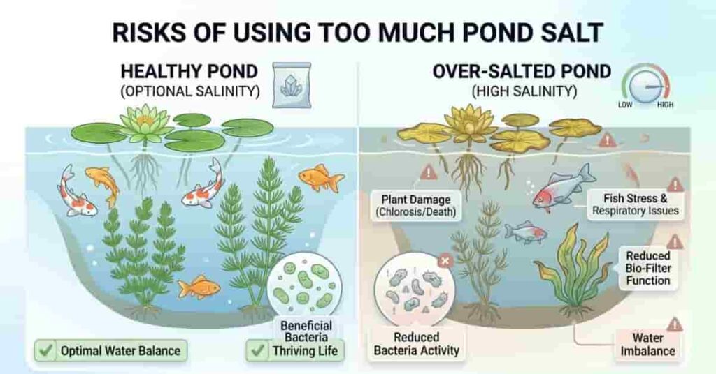 Risks of excessive pond salt including fish stress plant damage and biological imbalance in ponds