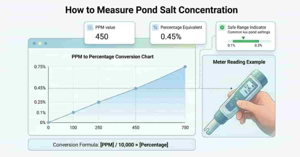 Infographic showing common mistakes in pond salt testing and correct methods for accurate salinity measurement