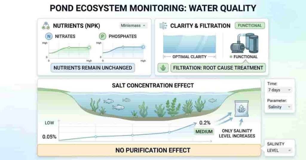 Pond salt water quality dashboard showing salt changes salinity but does not improve water purity