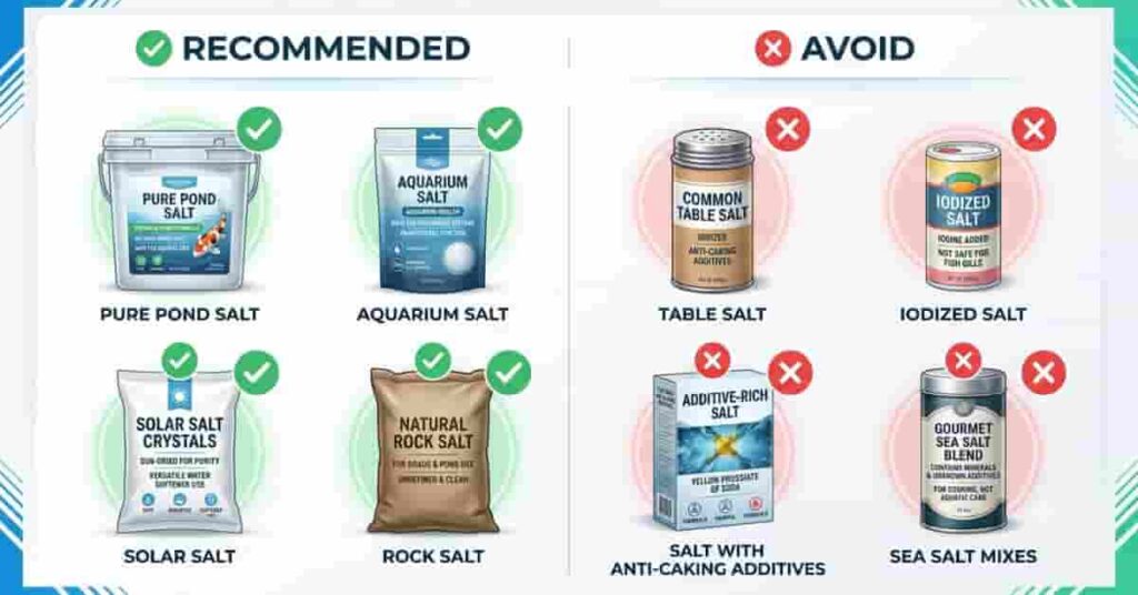 Comparison chart showing safe and unsafe types of salt for pond fish salt baths.