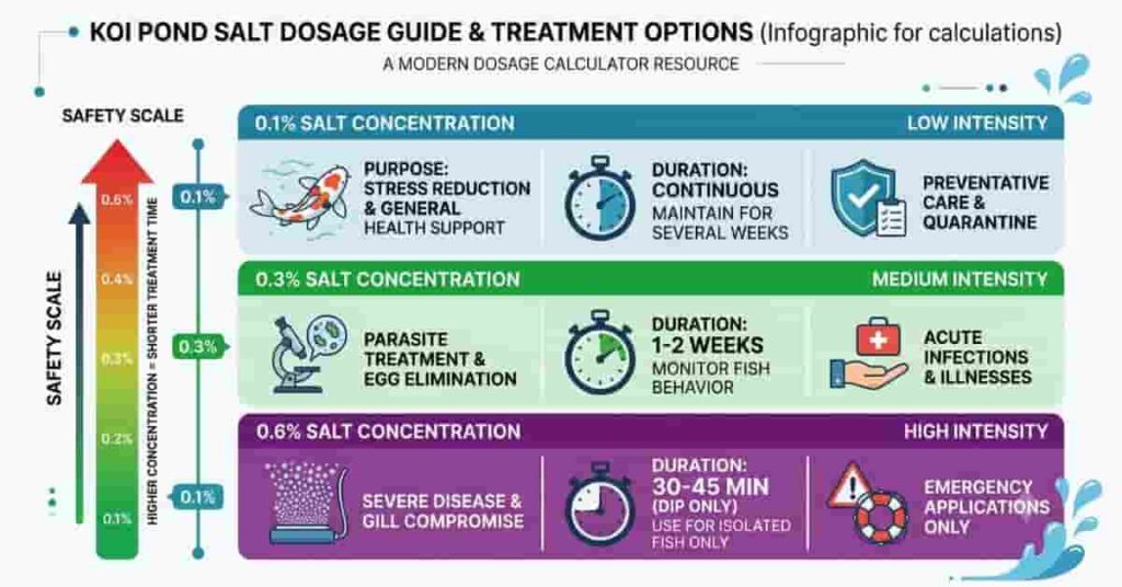 Salt bath dosage chart showing recommended concentrations and treatment durations for pond fish.