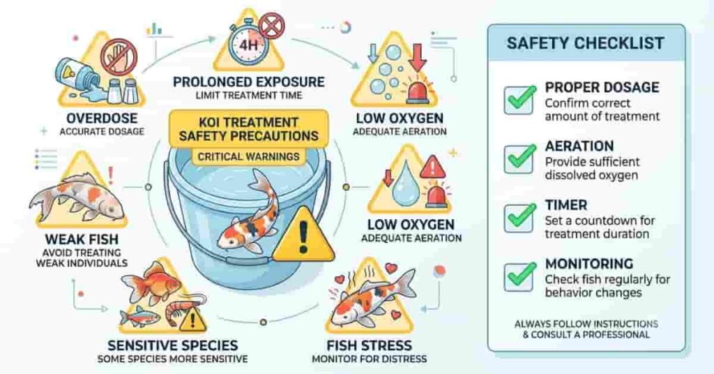 Infographic showing the risks and side effects of a salt bath for pond fish.