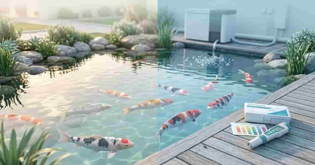 koi pond with healthy koi fish showing balanced pond ecosystem with filtration and water testing tools for salt usage guide