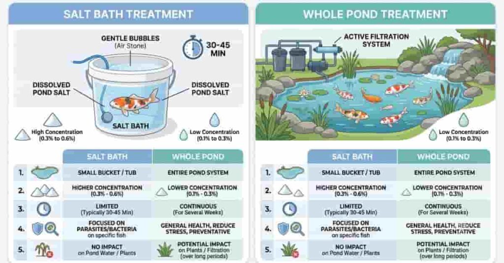 Comparison infographic showing a salt bath for pond fish versus a whole pond salt treatment.