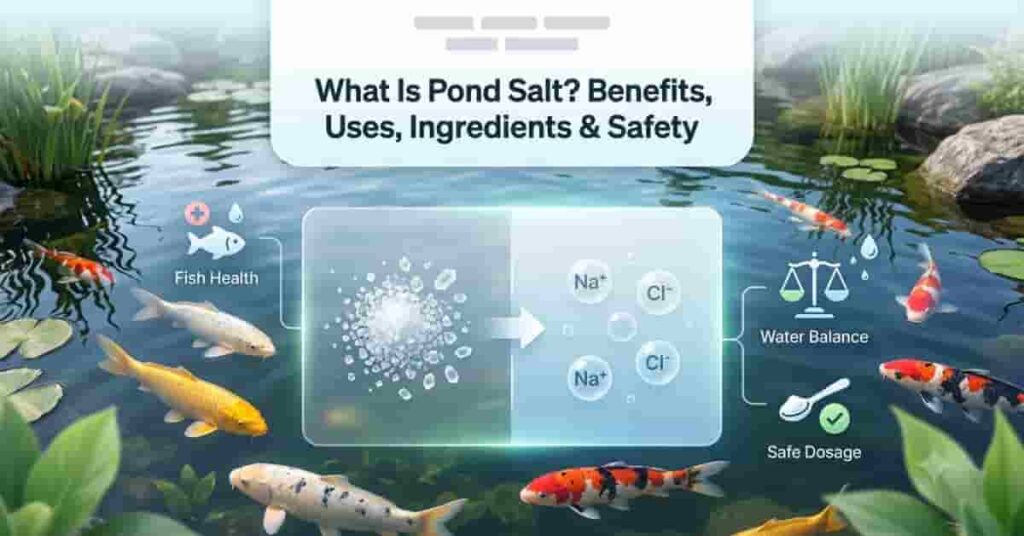 Featured banner showing koi pond with pond salt dissolving into ions, representing safe use, benefits, and water balance in fish ponds