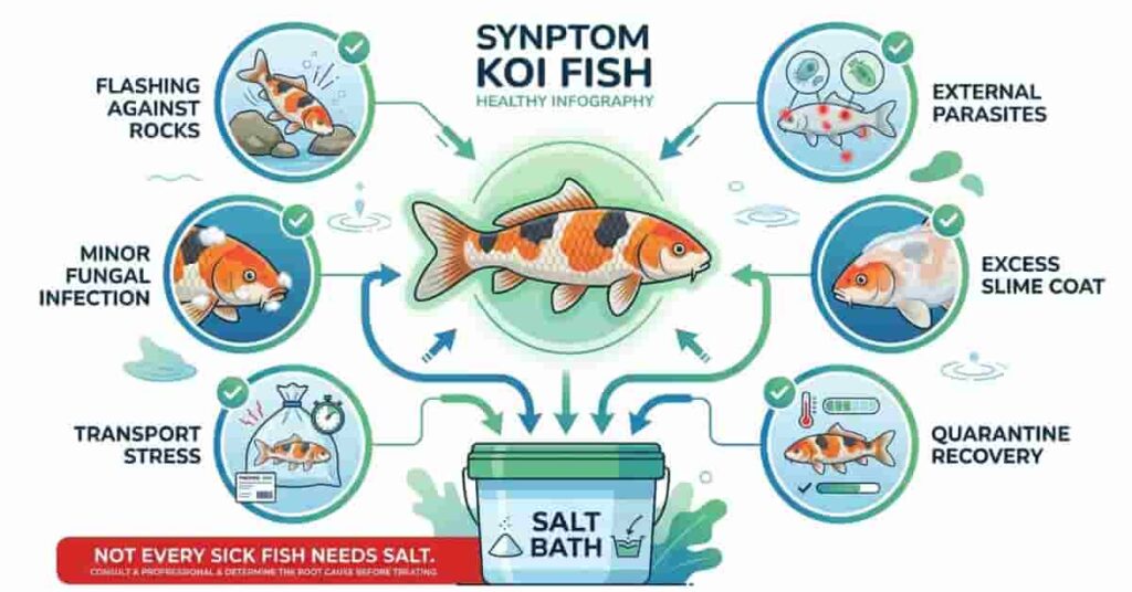 Infographic showing when to give pond fish a salt bath based on symptoms and treatment situations.